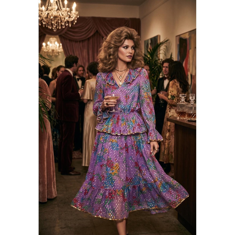 Vintage Oscar de la Renta Purple Floral Lurex Silk Chiffon Skirt Set Kaufmanns